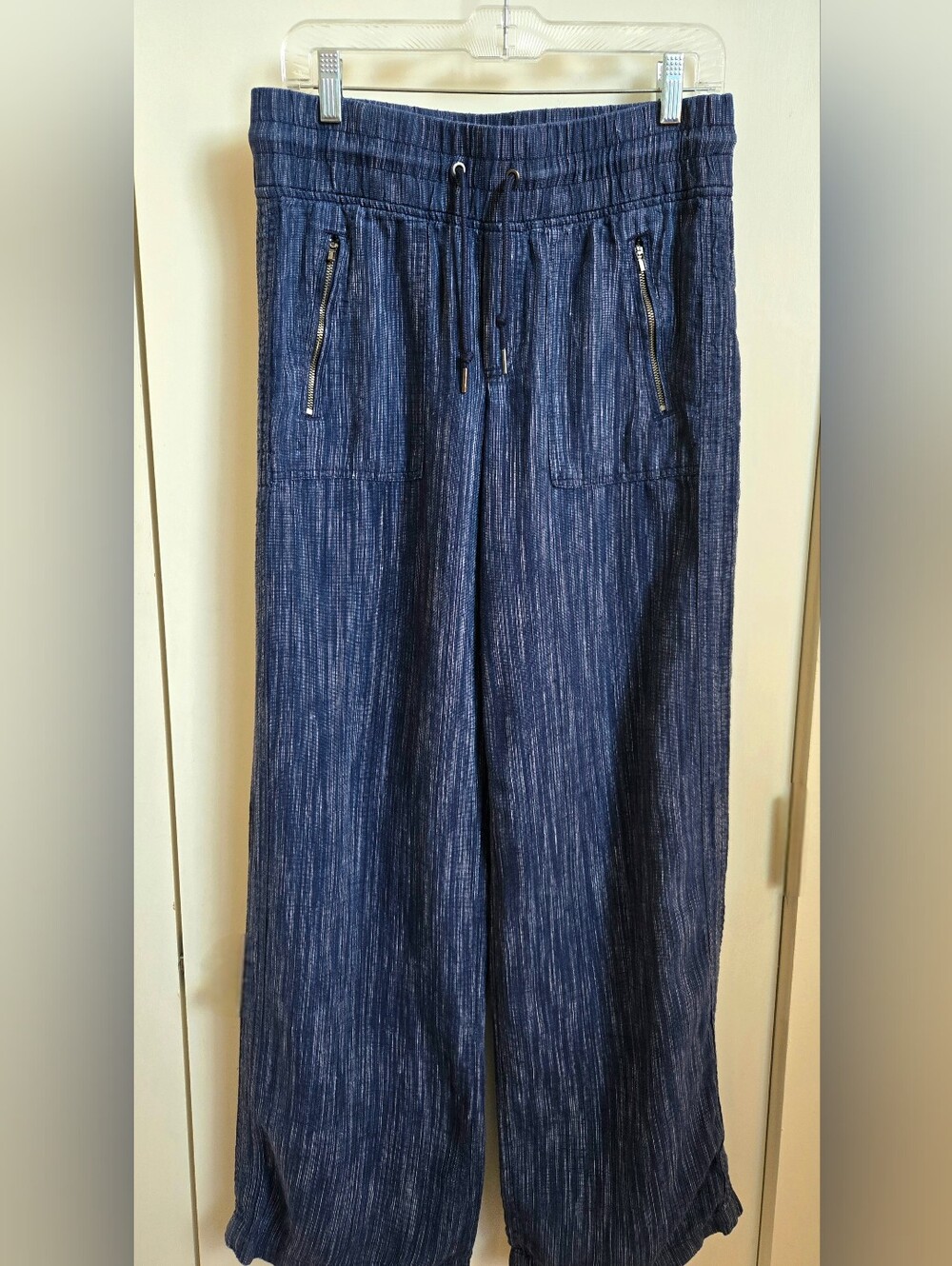 Athleta Cabo Linen Textured Wide Leg Pants Rainfall Stripe Blue